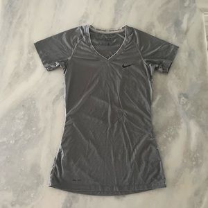 Nike Pro Fitted Gray Dri Fit V Neck Short Sleeve Shirt